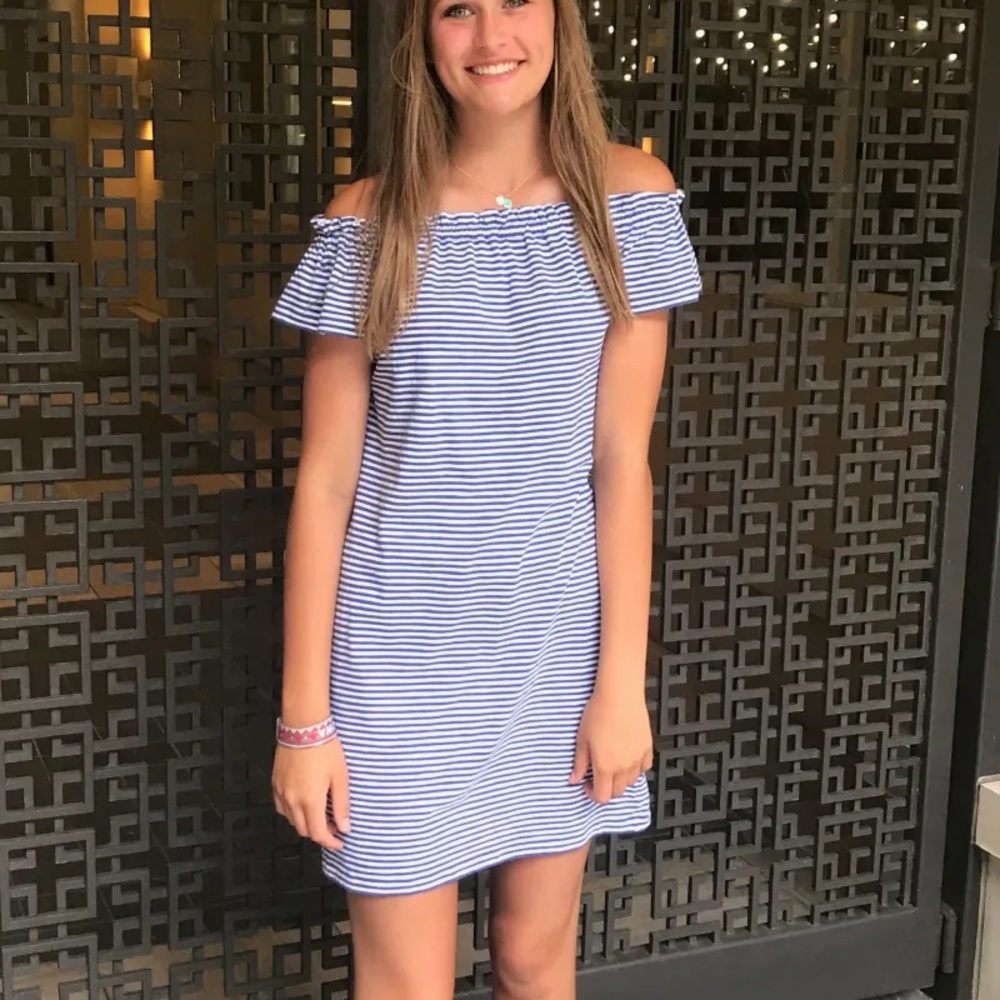Vineyard Vines Size Large Blue & White Striped Off-Shoulder Dress